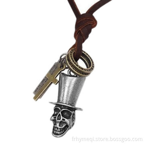 Skull Necklace Pendant with Leather Rope, 10 to 12 Inches Measures
